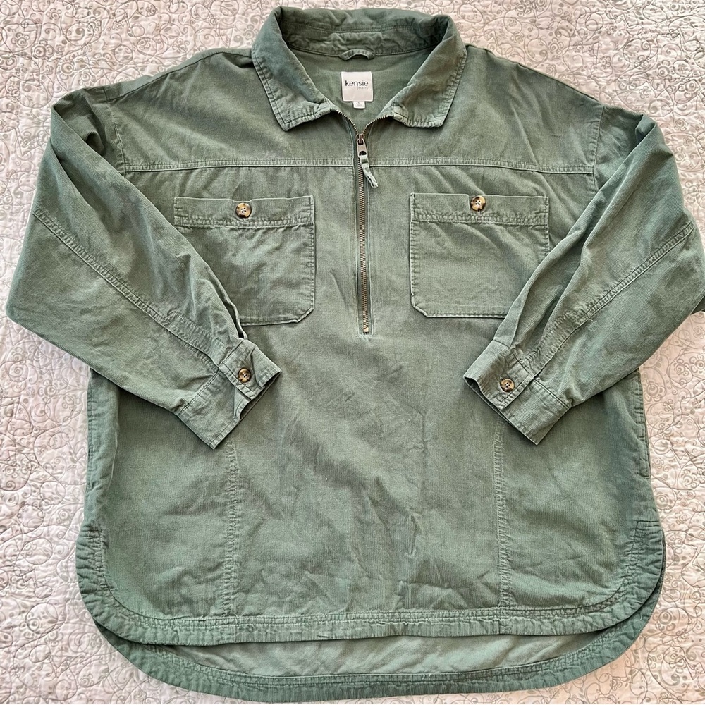 Kensie Men's Green Corduroy Casual Half-zip Shirt Jacket Cargo Utility “Shacket”